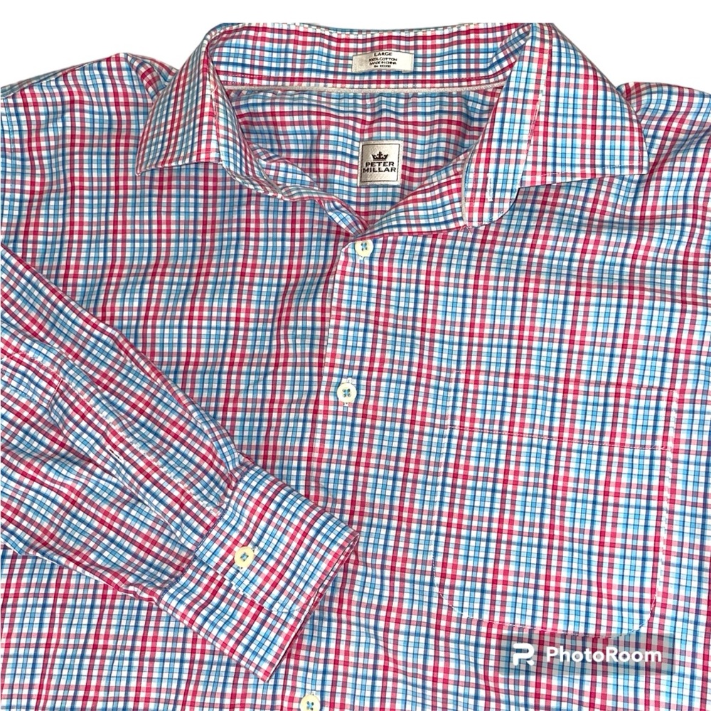 Peter Millar Box Plaid Long Sleeve Button Down Dress Shirt Men's Size L
